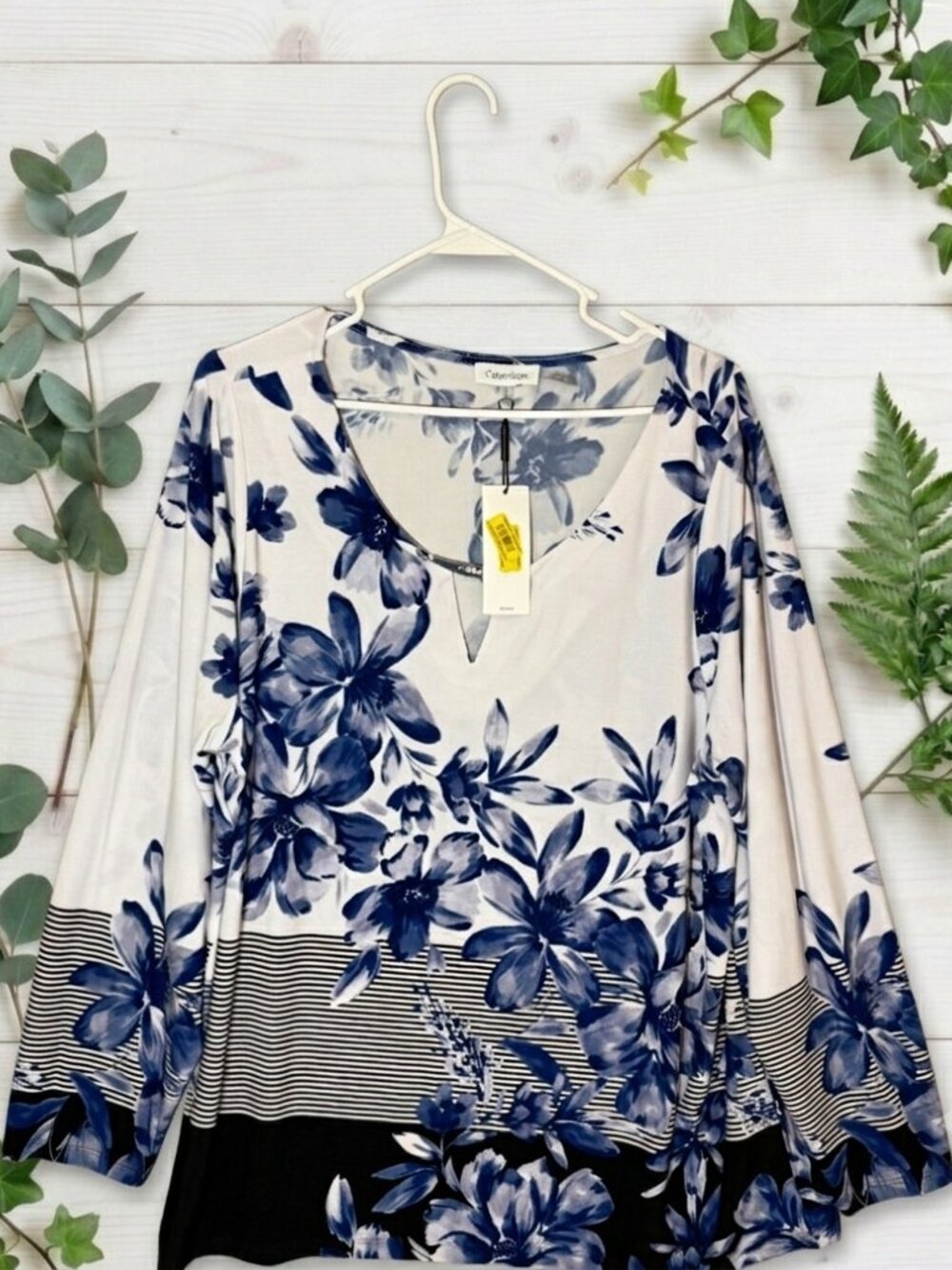 NWT Calvin Klein 1X Blue Floral Print Stretch Top Plus Flowy Office Long Sleeve